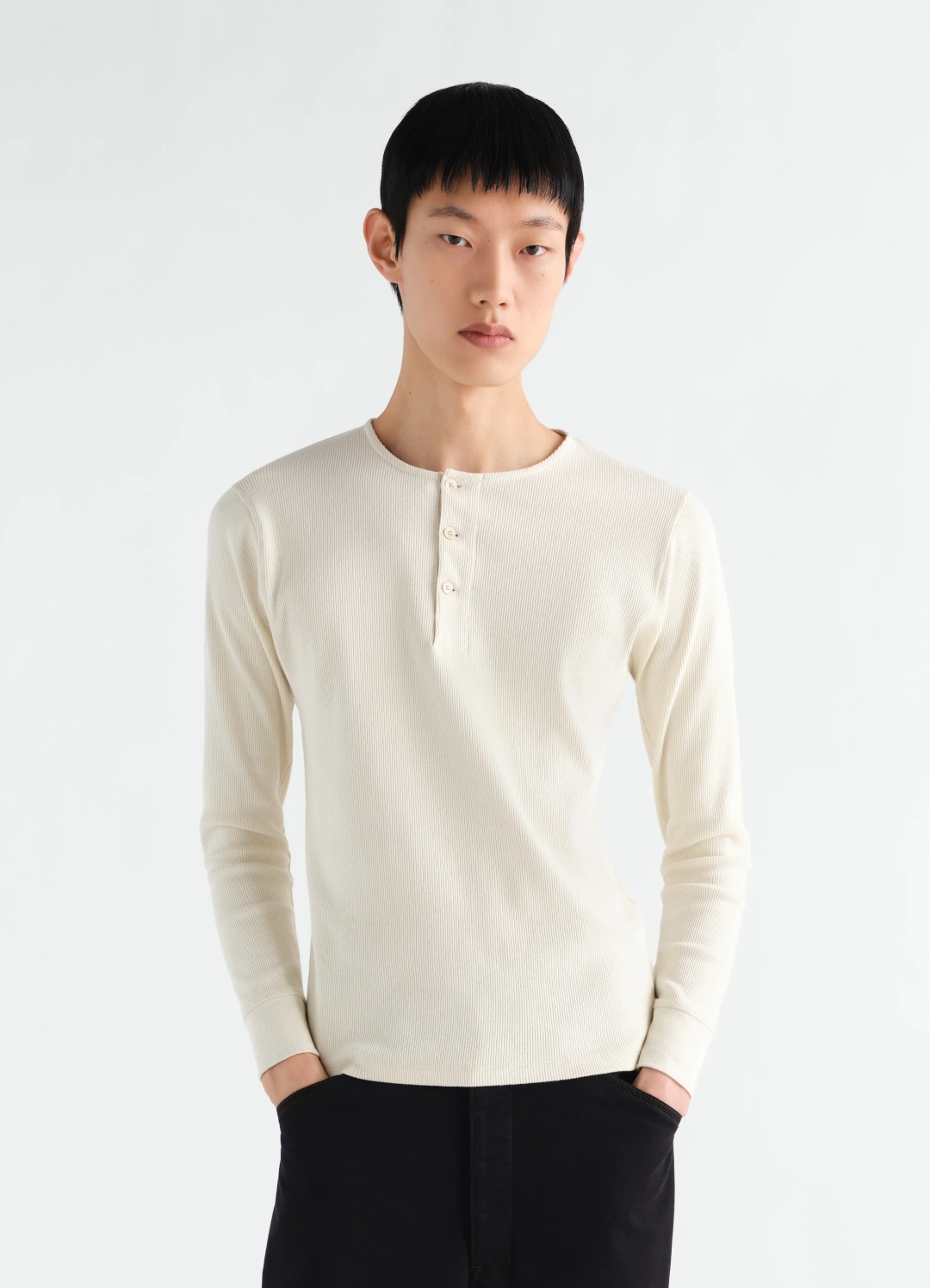 르메르 LONG-SLEEVE HENLEY T-SHIRT IN LINEN AND COTTON RIBBED JERSEY 상품 이미지 1