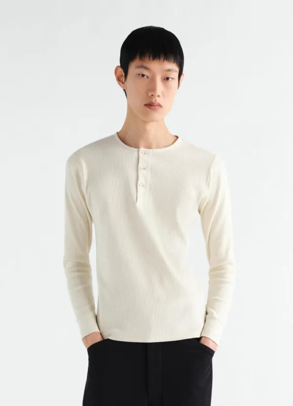 LONG-SLEEVE HENLEY T-SHIRT IN LINEN AND COTTON RIBBED JERSEY