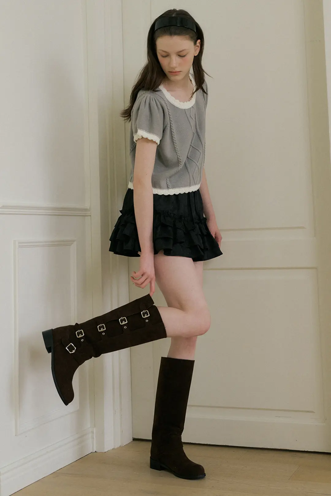 모어댄라이크 FLOWER JACQUARD BAND SKIRT - BLACK 상품 이미지 2