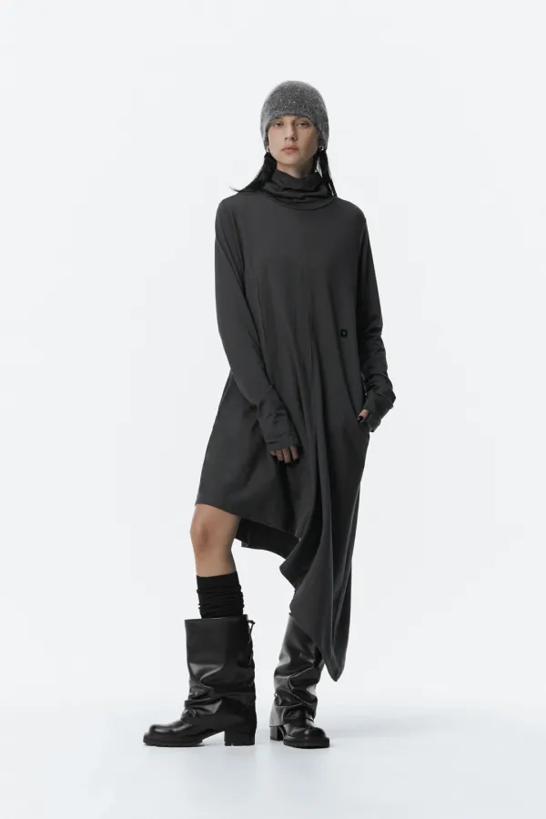 Turtleneck Pintuck Jersey One-piece [ Charcoal ]