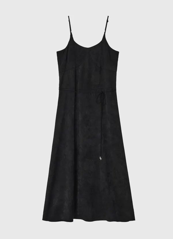 Jacquard rope belt long dress - black
