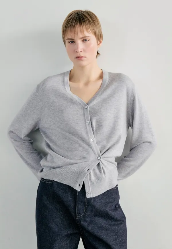 WOOL SILK V-NECK CARDIGAN - GRAY