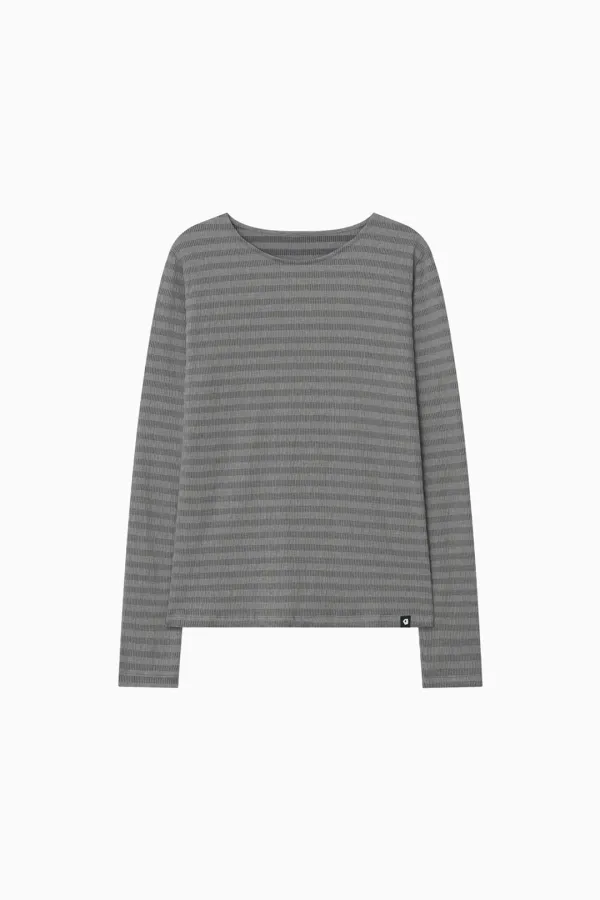 STRIPE PLEATED LONG SLEEVE, CHARCOAL