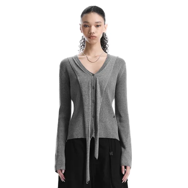 V-Neck Scarf Knit Cardigan [ Melange Gray ]