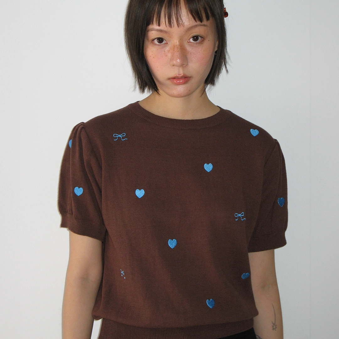 론론 RIBBON HEART PATTERN HALF KNIT BROWN BLUE 상품 이미지 2