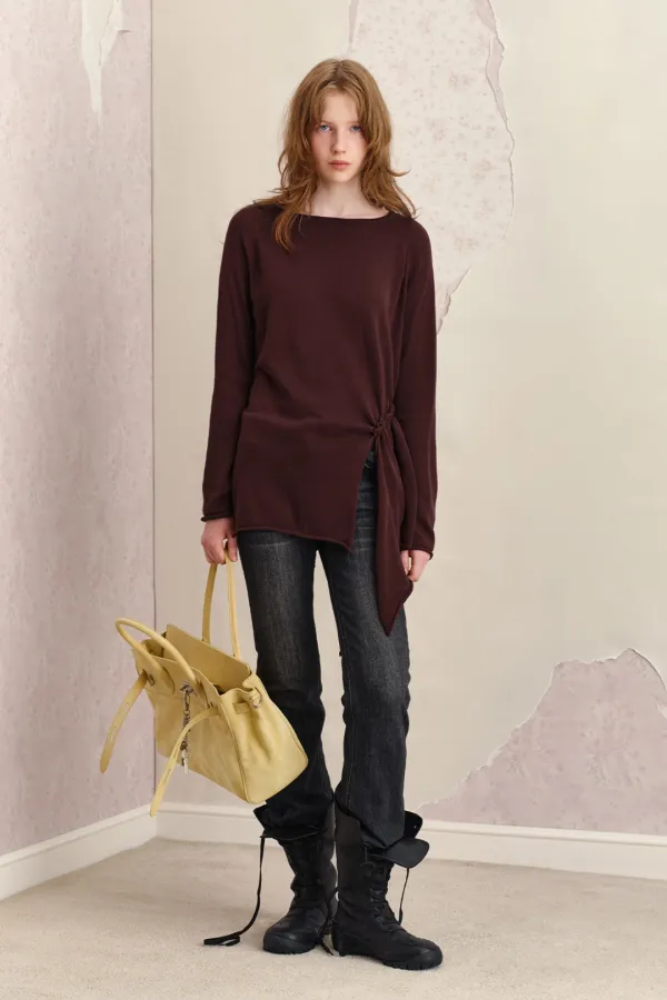 SIDE SHIRRING BOAT NECK KNIT, BROWN