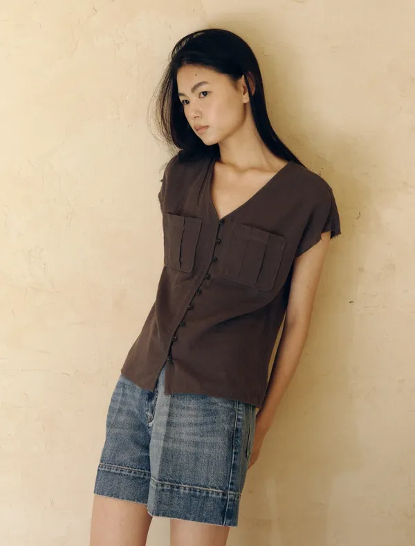 DOUBLE GAUZE POCKET V-NECK SHIRT [CHARCOAL]