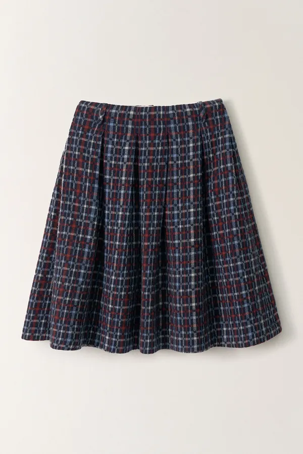 스티치 포인트 턱 미디 스커트 (Navy check)_2FWUSK05