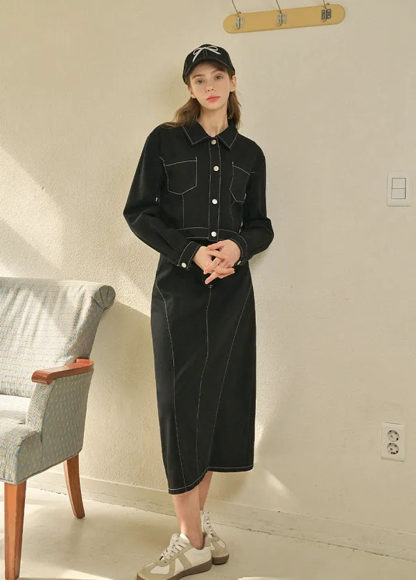 [44-120] Choose Denim Stitch Point Jacket-Skirt Set up Black&nbsp;추즈 데님 스티치 포인트 자켓 셋업 블랙 (봄/데일리룩/캐주얼룩/데이트룩/출근룩/셋업/자켓/스티치/데님/밴딩/빅사이즈/자체제작)