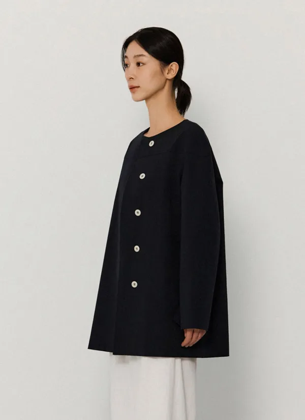 collarless half trench coat_navy