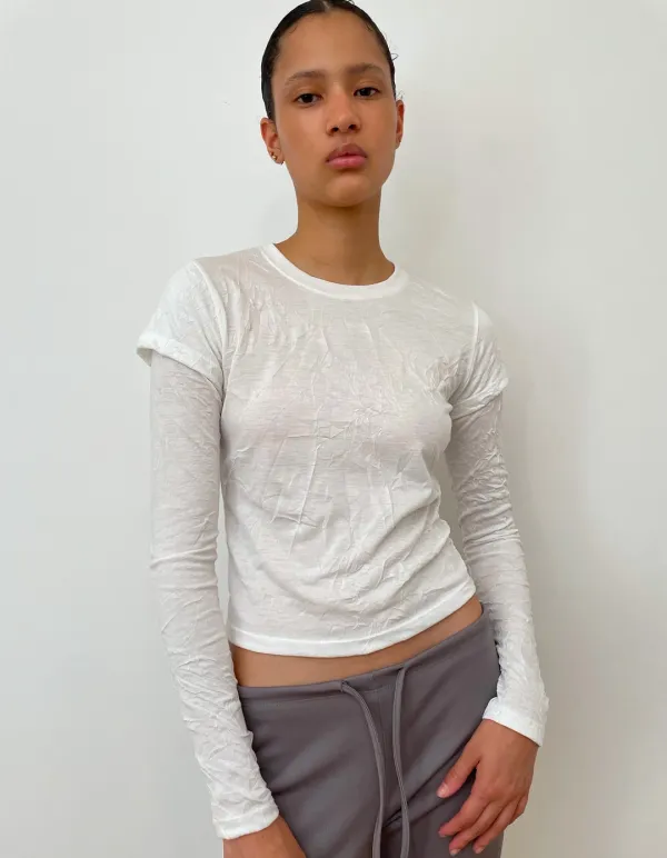 RINCKLED DOUBLE SLEEVE TEE, WHITE