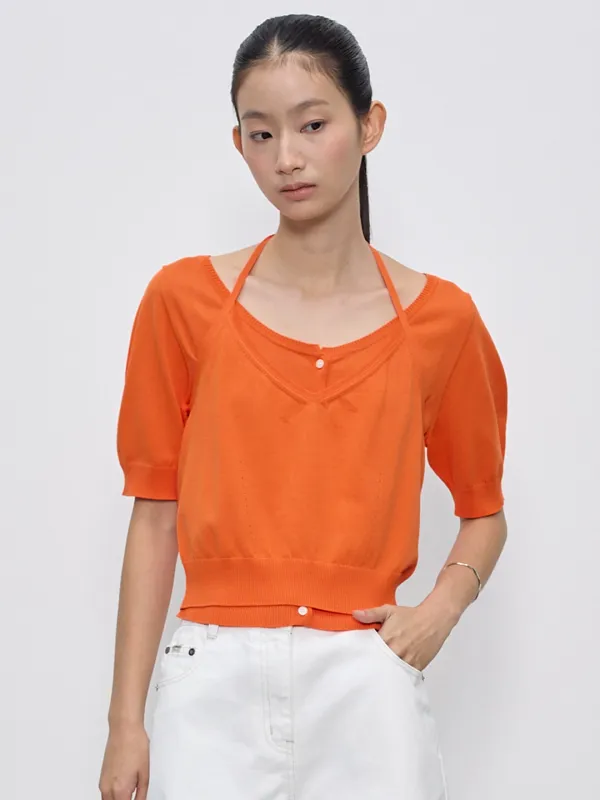 퍼프 소매 반팔 니트 가디건 세트_ORANGE