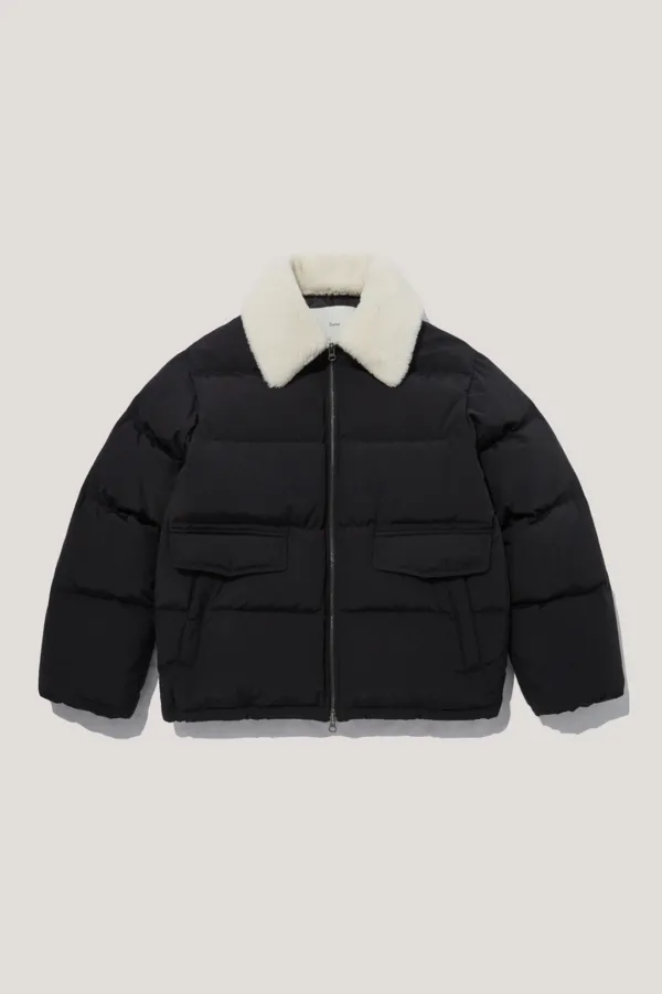 UNISEX DETACHABLE SHEARLING COLLAR GOOSE DOWN JACKET BLACK