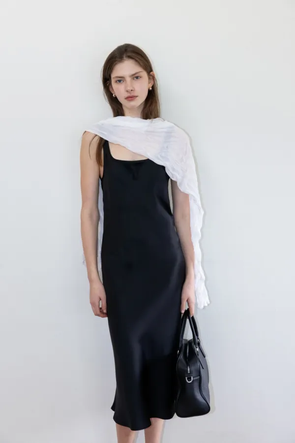 Plain Midi Satin Dress_Black