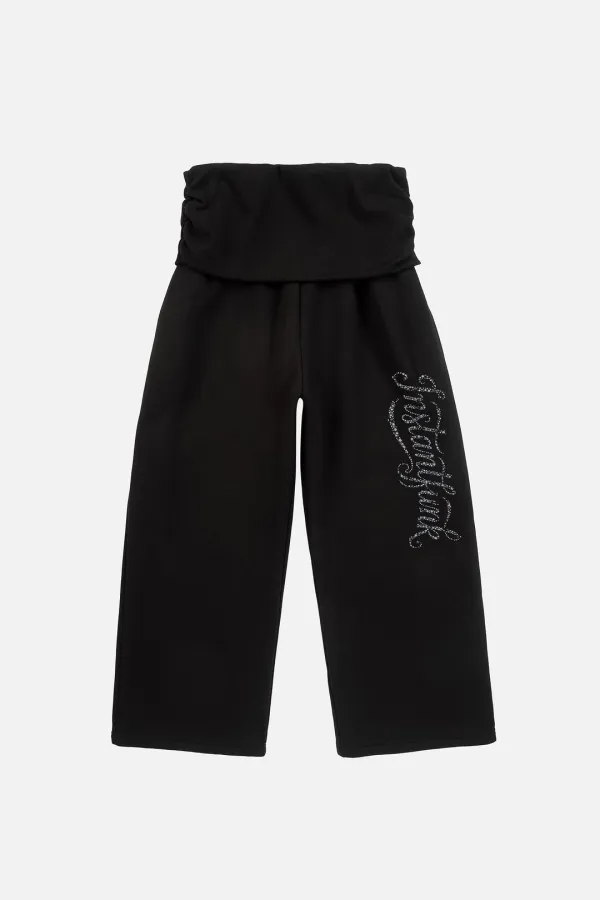 RHINESTONE FOLDED WAIST SWEAT PANTS - BLACK