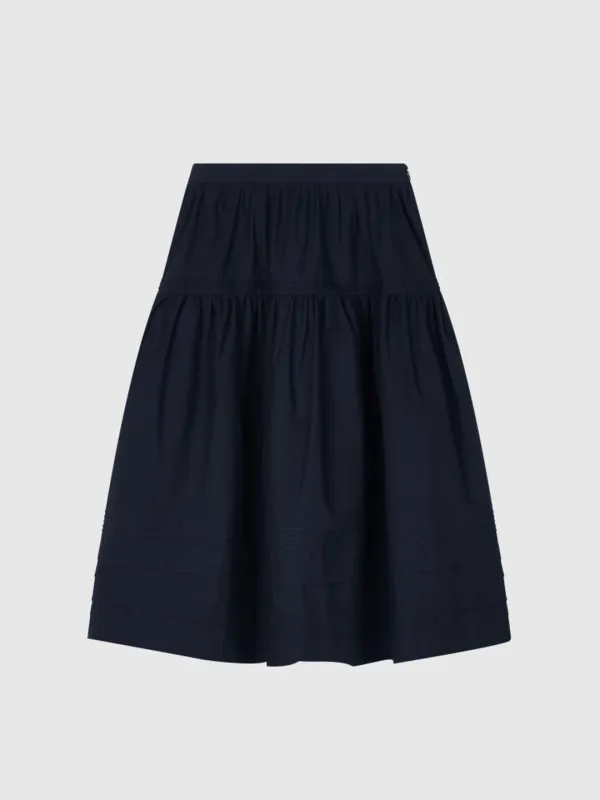 [Exclusive] Tiered Pintuck Cotton Skirt (Navy)