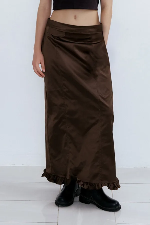 Frill Maxi Long Skirt_Saddle Brown