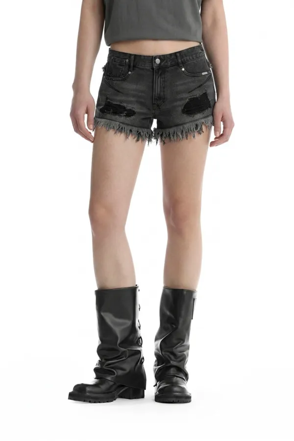 Distressed Denim Cut-Off Shorts [ Black ]