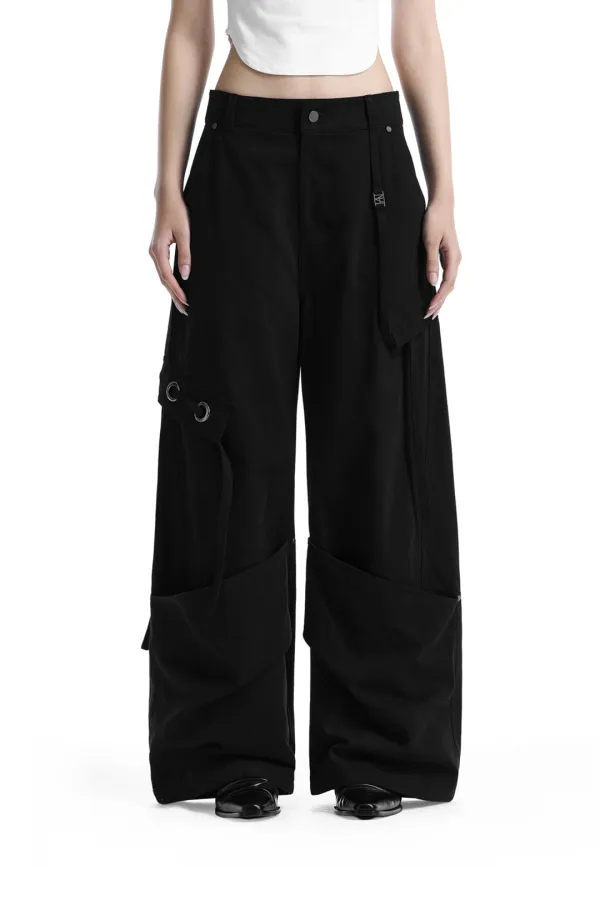 Big Eyelet Cargo Baggy Pants [ Black ]