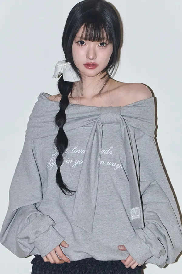 퓨어 보우 오프숄더 맨투맨 멜란지