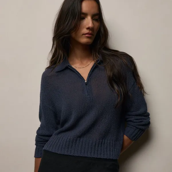 East Cape Silk Linen Quarter Zip - Navy