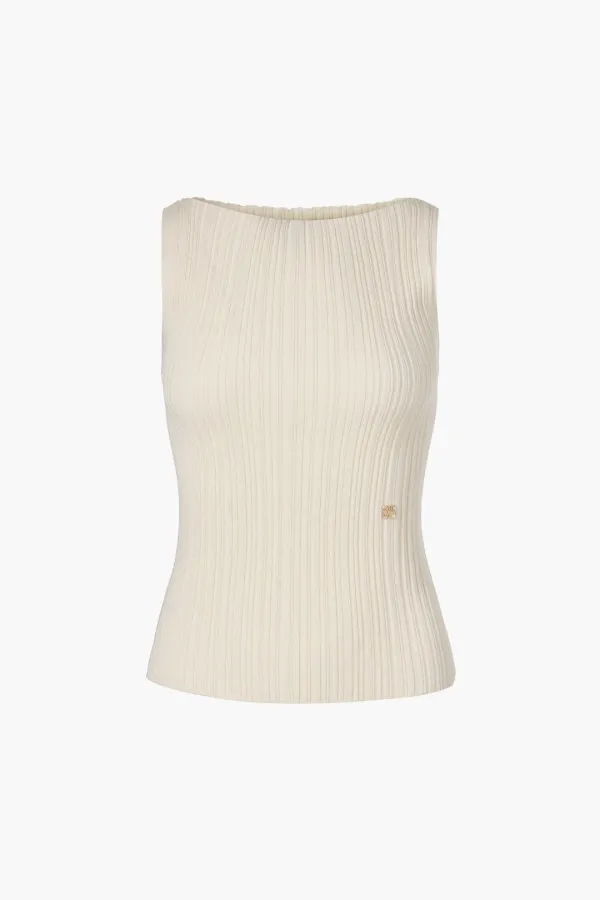 Ribbed Pleated Sleeveless Sweater, Ivory