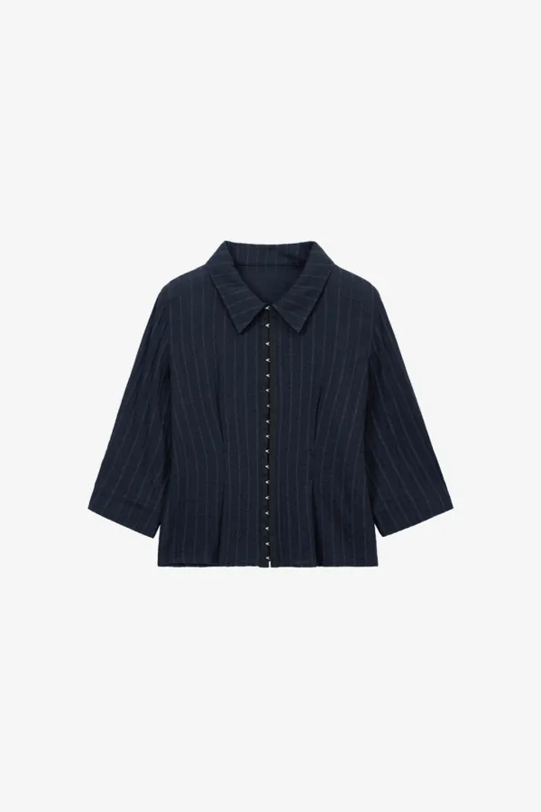 후크 디테일 자카드 셔츠 NAVY