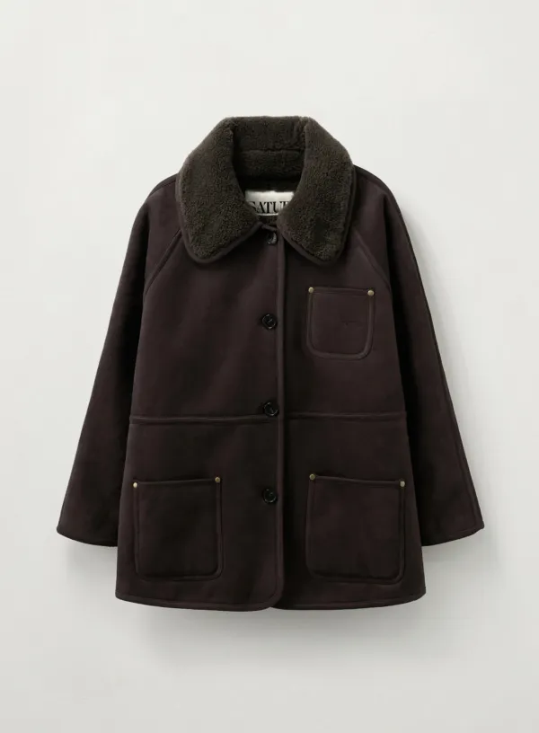 (W) Synthetic Shearling Loose Fit Jacket - Dark Brown