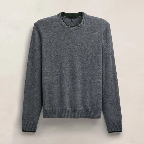Contrast Trim Cashmere Crew - Mid Grey/Forest