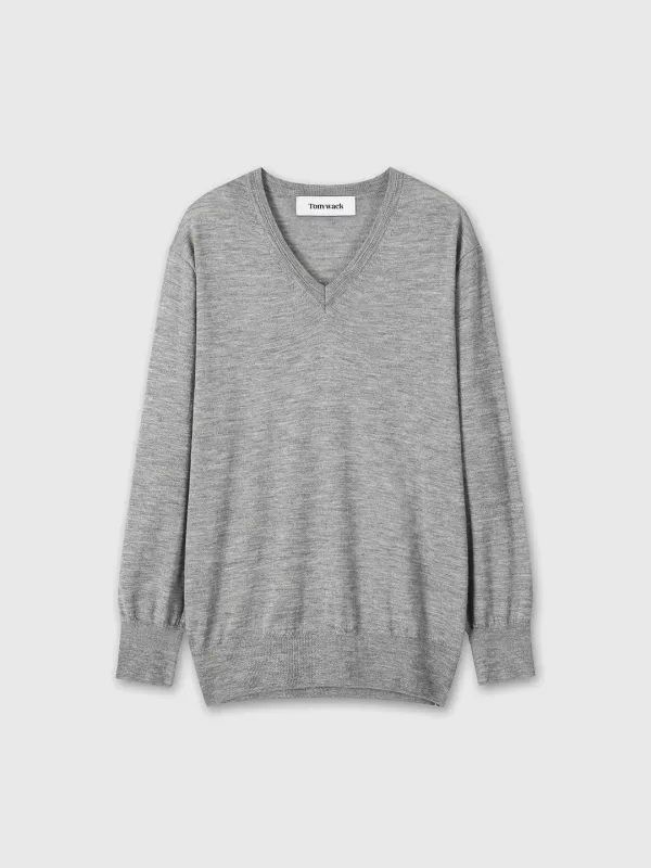 (W) AIRY CASHMERE V-NECK_ MELANGE GREY