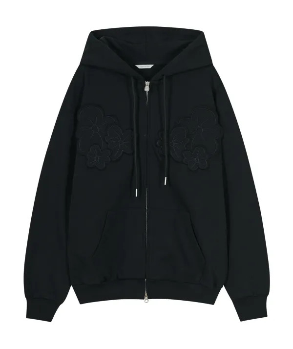 Flower Appliqué Zip Hoodie [Black]