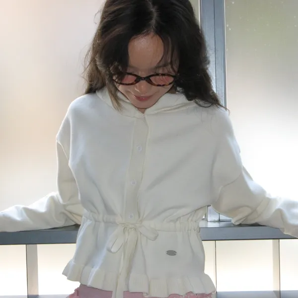 HOODED SHIRRING STRING KNIT CARDIGAN IVORY
