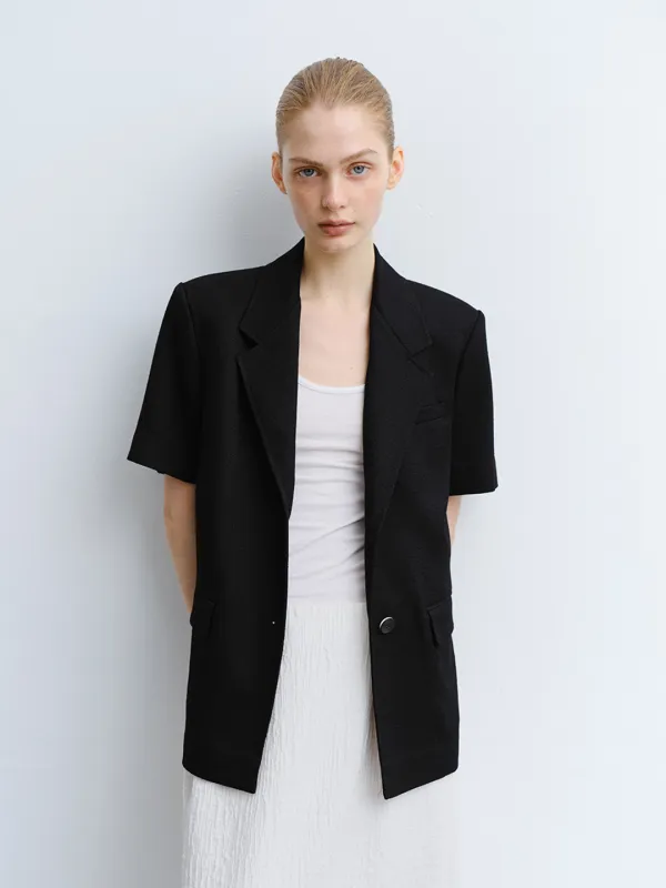 TVR TWEED HALF SLEEVE BLAZER_SOLID BLACK