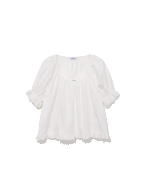 Lace Shirring Puff Blouse White_F262BL03