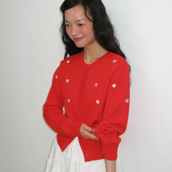 HEART PATTERN KNIT CARDIGAN RED
