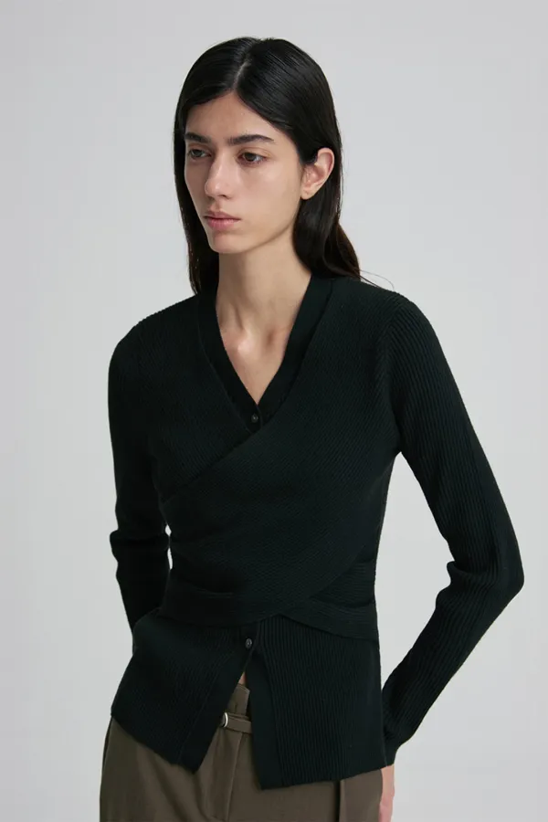ASYMMETRIC WRAP BUTTON KNIT TOP BLACK
