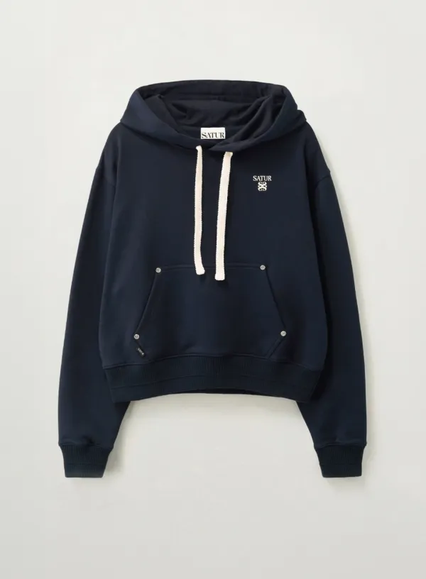 (W) Loren Small Logo Rivet Hoodie - Navy