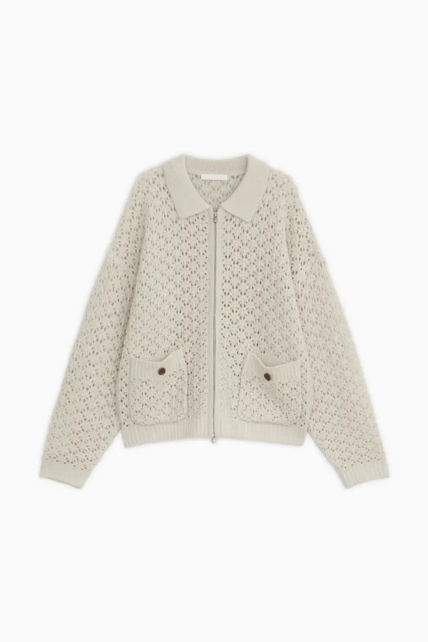 CROCHET KNIT ZIP-UP, CREAM