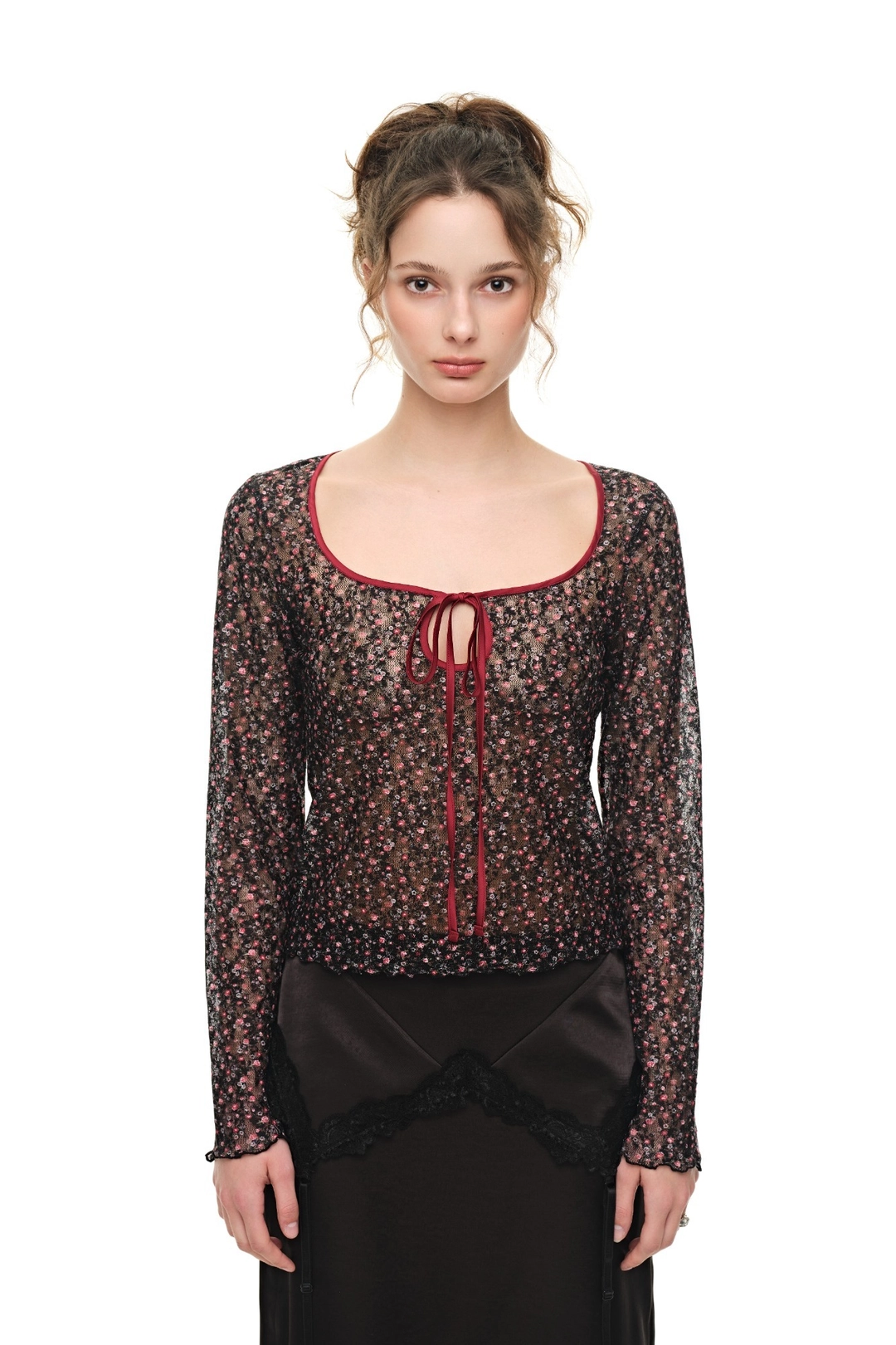 투머치택스 METALLIC FLORAL 02 KEYHOLE TIE TOP (RED) 상품 이미지 1