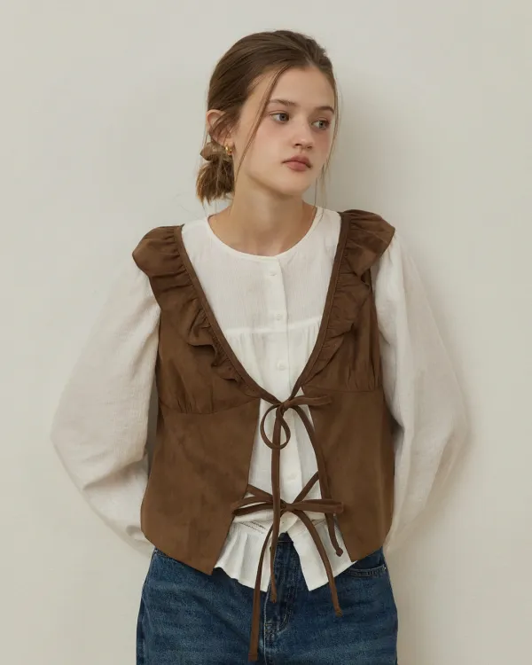 Suede ruffle line ribbon vest - brown