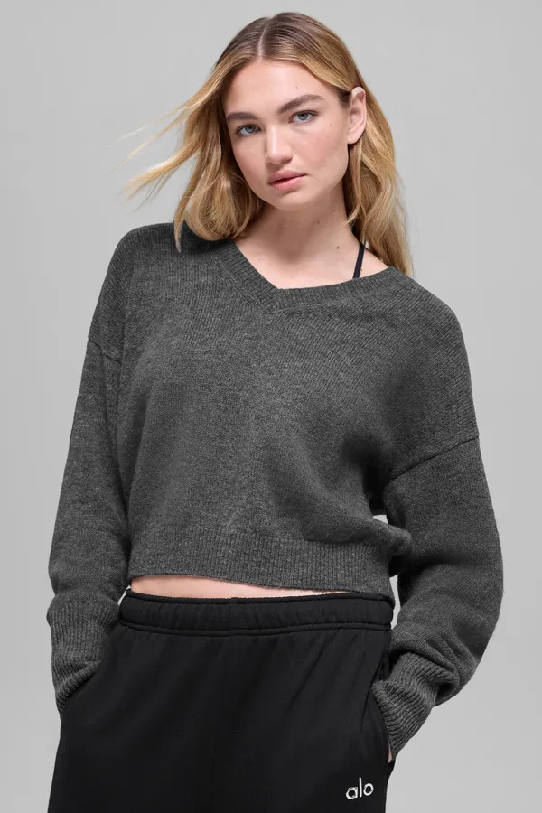 Wool Cashmere Cropped New Class V-Neck Sweater - Platinum Grey