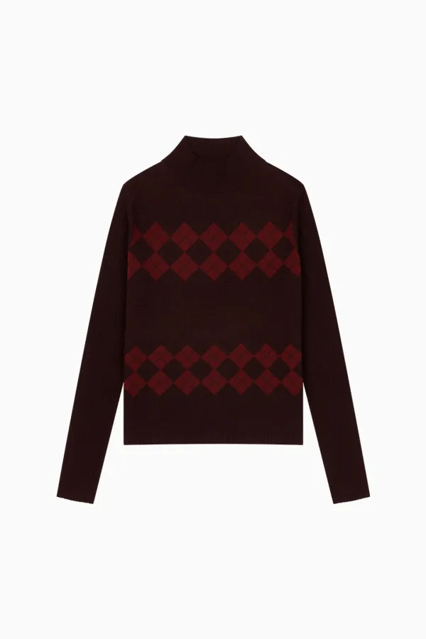 ARGYLE HALF NECK RIBBED KNIT, BURGUNDY