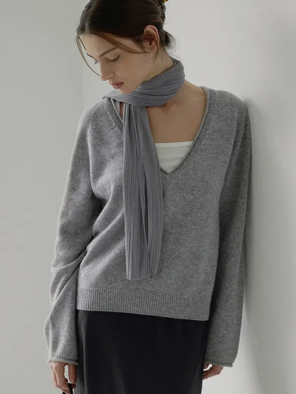 Wholegarment deep v-neck knit - Melange grey