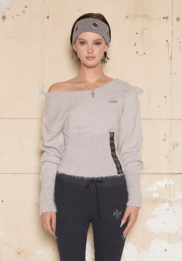 Fluffy Corset One Shoulder Knit [Gray]
