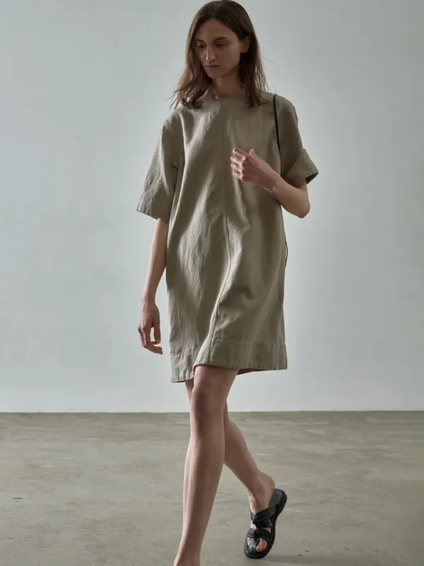 린넨 하프 슬리브 원피스_olive beige