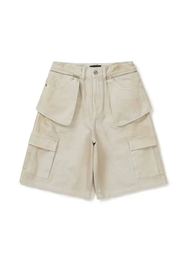 MULTI-POCKET DENIM SHORTS (SAND BEIGE)