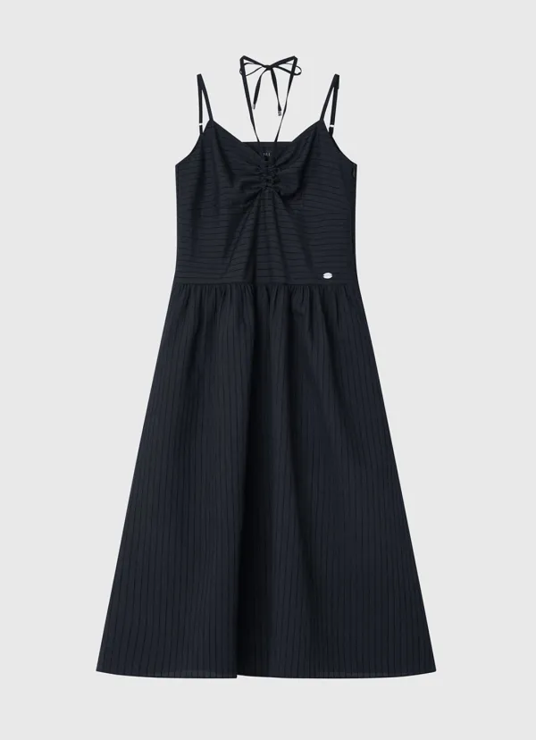 Front drawstring sleeveless long dress - deep navy