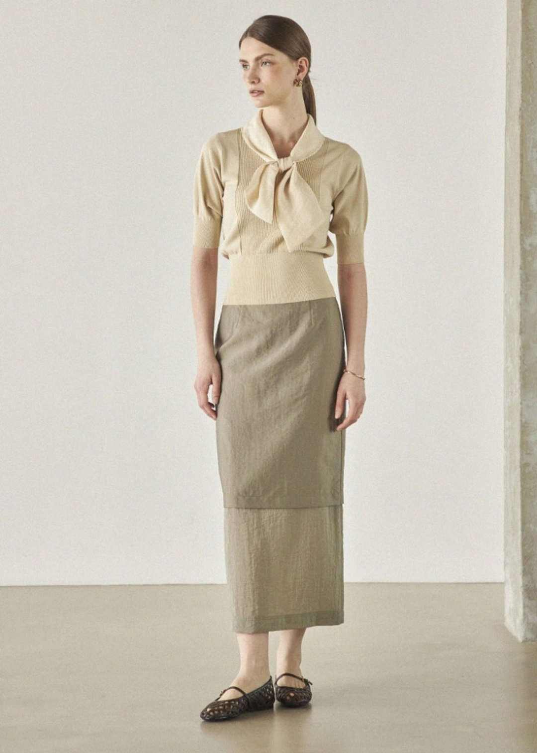 메종드이네스 DOUBLE LAYERED H-SKIRT _KHAKI 상품 이미지 2