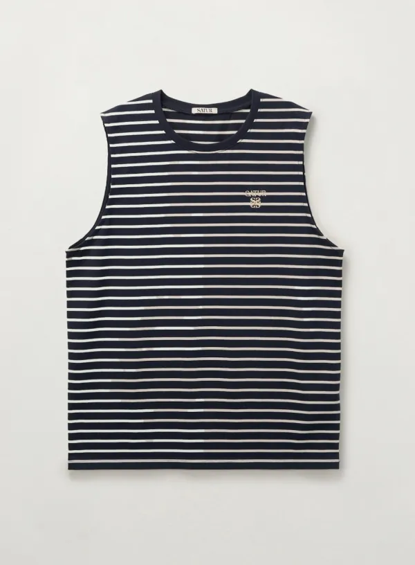 All Day Crew Neck Layered Sleeveless Top - Navy Stripe