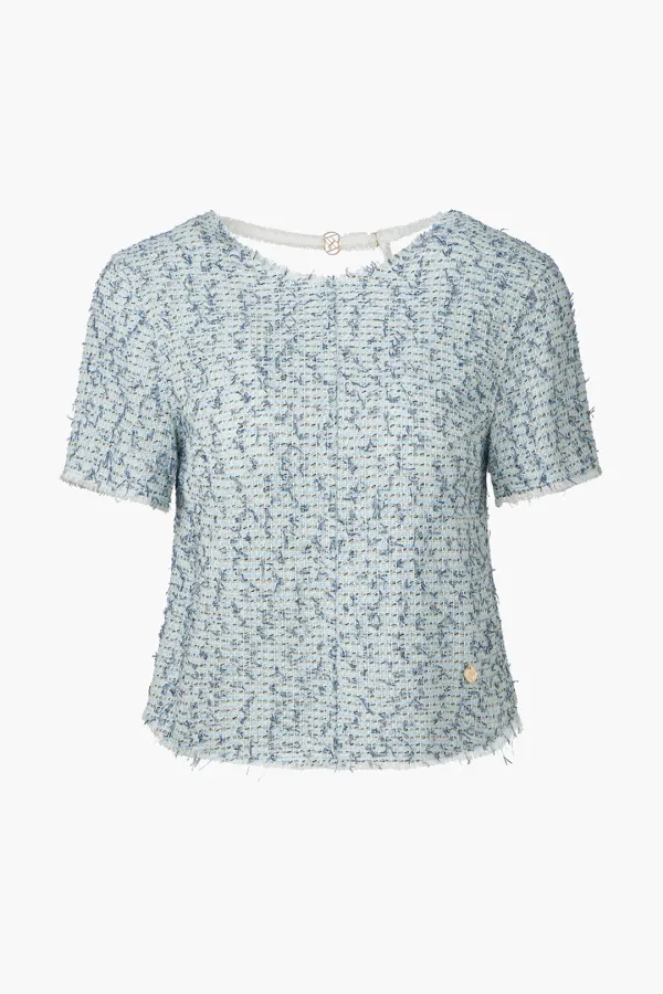 Tweed Short Sleeve Blouse, Light Blue